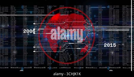 Displaying red world map graphic within circular grid overlay on control screen, with data lines Stock Photo