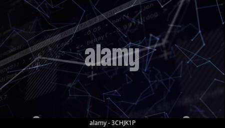 Central cluster glowing wireframe triangles connecting lines in digital network, with code snippets Stock Photo