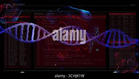 Displaying glowing DNA double helix pulsing with neon in digital interface, with waveform overlays Stock Photo