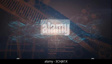 Displaying translucent Network panel floating in digital space, streaming blue data waveforms Stock Photo