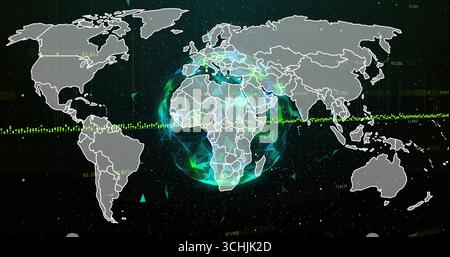 Glowing Earth sphere rotating in interface, with triangular particles map lines and data stream Stock Photo