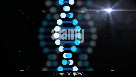 Showing stylized DNA double helix spiraling in dark field, with lens flare and glowing particles Stock Photo
