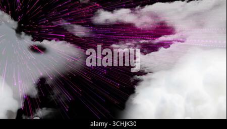 Radiating magenta purple streaks and dot trails racing diagonally in digital sky, with gray clouds Stock Photo