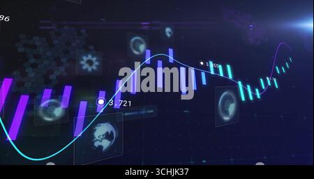 Displaying dashboard with fluctuating purple bars and cyan line in grid interface, with HUD icons Stock Photo