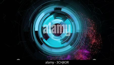 Displaying circular interface rotating in black void, with segmented rings and red purple particles Stock Photo