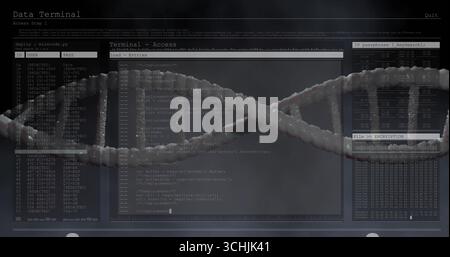 Displaying centered 3D DNA helix spanning secure data terminal screen, with transparent panels Stock Photo