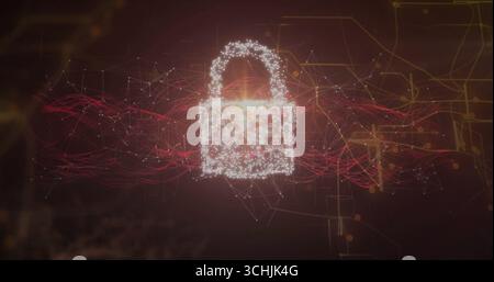 Floating glowing padlock icon weaving through network space, with red data streams, amber node grid Stock Photo