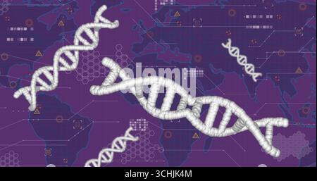 Floating white 3D DNA helices over purple blueprint, with map outline, data nodes and warning icons Stock Photo