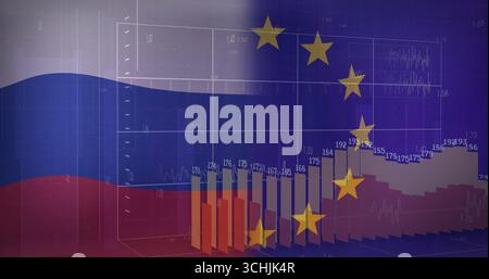Displaying 3D bar charts, line graphs and numeric labels, with EU stars over Russian flag stripes Stock Photo
