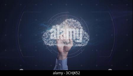 Pointing hand clad in blue shirt interacting in digital interface, with cloud network HUD overlay Stock Photo