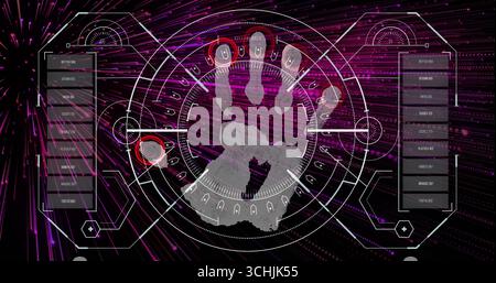 Scanning gray handprint on virtual biometric interface with HUD rings, red targets, data panels Stock Photo