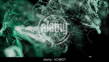 Displaying translucent circular HUD interface in virtual space, with green particles and rings Stock Photo