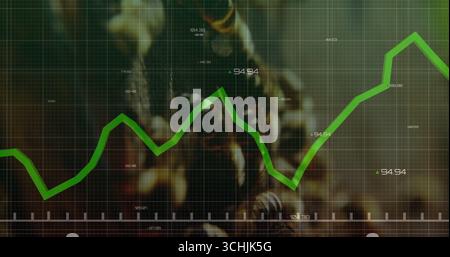 Displaying green line graph with grid on blurred industrial background showing numeric value labels Stock Photo