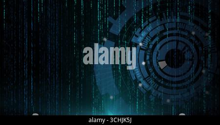 Presenting HUD overlaying code streams in cyberspace, with gears and glowing nodes, copy space Stock Photo