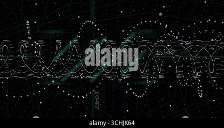 Displaying white-dotted waveform loops spanning digital grid, with green segmented lines, data dots Stock Photo