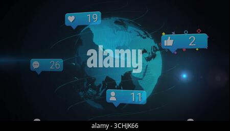 Floating dotted Earth globe spinning in dark space, with swirling lines and notification bubbles Stock Photo
