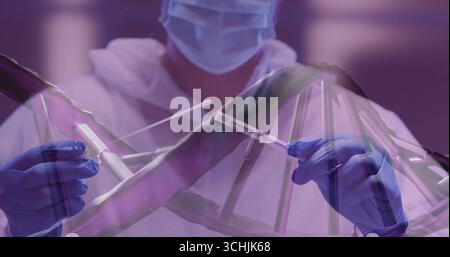Gloved, masked technician in coat collecting specimen with swab and vial in lab, DNA overlay Stock Photo