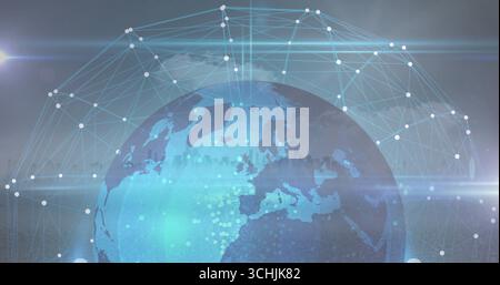 Displaying digital Earth globe showing glowing nodes and links forming network on blue backdrop Stock Photo