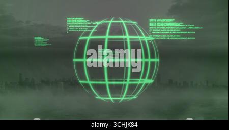 Hovering green wireframe globe projecting over foggy waterfront skyline, with floating code blocks Stock Photo