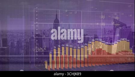 Displaying semi-transparent data overlay with grid axes, 3D bar and line charts on rooftop terrace Stock Photo