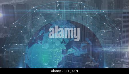 Hovering globe showing glowing nodes and connecting lines over skyscrapers with data clusters Stock Photo