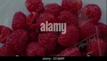 Displaying fresh raspberries on pale surface, featuring translucent line chart overlays Stock Photo