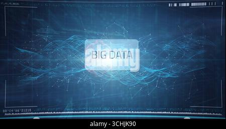 Translucent panel displaying BIG DATA in UI showing wave mesh with nodes and HUD bars Stock Photo