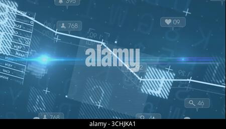 Displaying white polyline graph connecting circular nodes on dashboard, with social icons Stock Photo