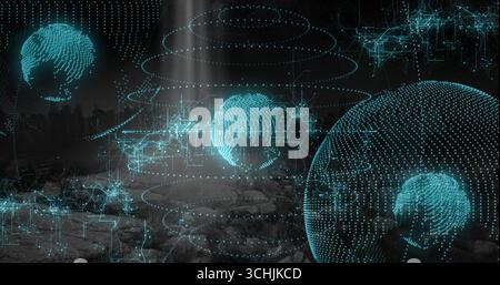 Hovering cyan holographic globe above ruined cityscape with rubble and sandbags, showing data nodes Stock Photo