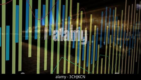 Displaying financial chart featuring bars over blurred city lights, with red and teal trend lines Stock Photo