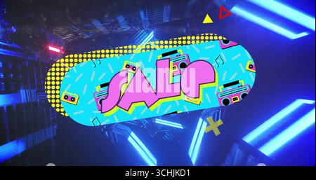 Displaying central sale banner glowing in neon tunnel, with stylized boombox icons and music notes Stock Photo