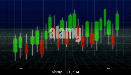 Displaying 3D candlestick chart floating above floor grid in trading app, with green and red bars Stock Photo