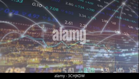 Displaying translucent chart overlay over city skyline at night with numeric values, arrow symbols Stock Photo