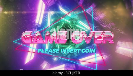 Displaying GAME OVER text pulsing at arcade interface, with crystalline cluster and neon frames Stock Photo