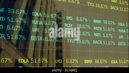 Displaying ticker overlaying facade in financial district, showing stock symbols and percentages Stock Photo