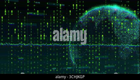 Emerging globe in code field, with binary digits, numeric overlays and light blue band, copy space Stock Photo
