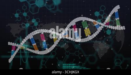 Displaying DNA double helix twisting in virtual lab, with world map overlay and data streams Stock Photo