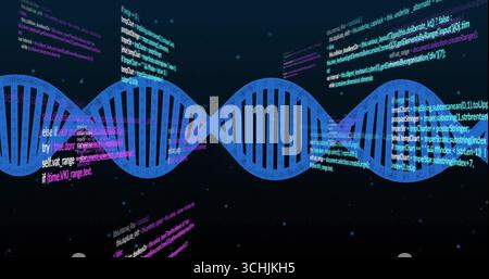 Showing blue DNA helix floating in abstract digital environment, with code snippets and particles Stock Photo