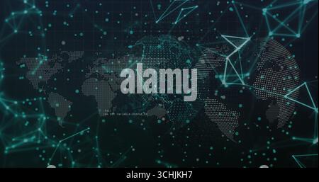 Displaying world map using glowing teal dots and lines with polygonal nodes, particles on dark grid Stock Photo