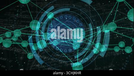 Displaying central circular HUD element spinning in cyberspace, with rings, nodes and code overlay Stock Photo