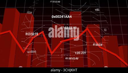 Displaying 3D red bar chart and line graph in dashboard, with numeric annotations, connector lines Stock Photo