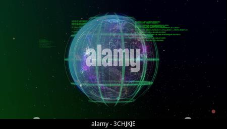 Displaying wireframe globe revealing inner layers and purple-blue nodes in space, with green code Stock Photo