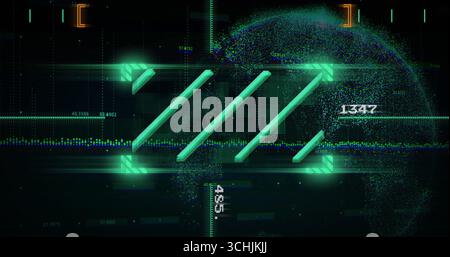 Displaying three glowing green bars on display, featuring waveform data, numeric readouts and globe Stock Photo