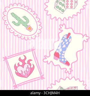 Cowgirl seamless pattern. Cowboy western theme, cactus, cowboy boots, flame heart in girly pink frame. Hand-drawn cartoon print on stripy pink background. Vector wallpaper, t-shirt and wrapping. Stock Vector