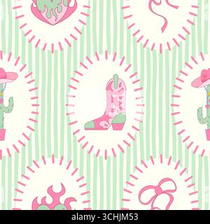 Cowgirl seamless pattern. Cowboy western theme, cactus, cowboy hat, flame heart and boots in girly style. Hand-drawn cartoon print on a stripy green background. Vector wallpaper, t-shirt and vintage. Stock Vector