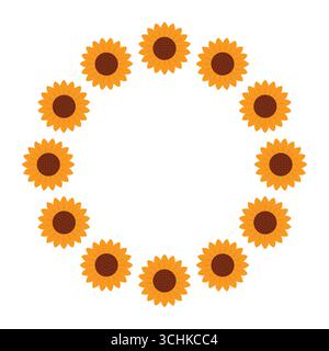 Round frame made of sunflowers. Isolated white background. Vector illustration in flat style. Stock Vector