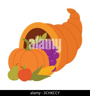 Cornucopia. Thanksgiving design. Isolated white background. Flat style vector illustration. Stock Vector