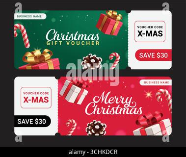 Christmas Voucher clipart banner set. Merry Christmas gift voucher clip art collection in green and red background with gift box, candy cane Stock Vector
