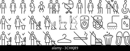 Black line WC icon set. Classic signs for public toilets. Linear vector symbols for lavatory. Monochrome outline pictogram bundle for female and make Stock Vector