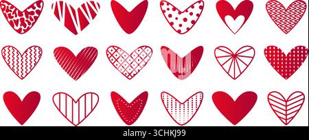 Aesthetic red gradient heart set. Trendy vector monochrome psychedelic hearts with various patterns, funky doodle clipart Stock Vector